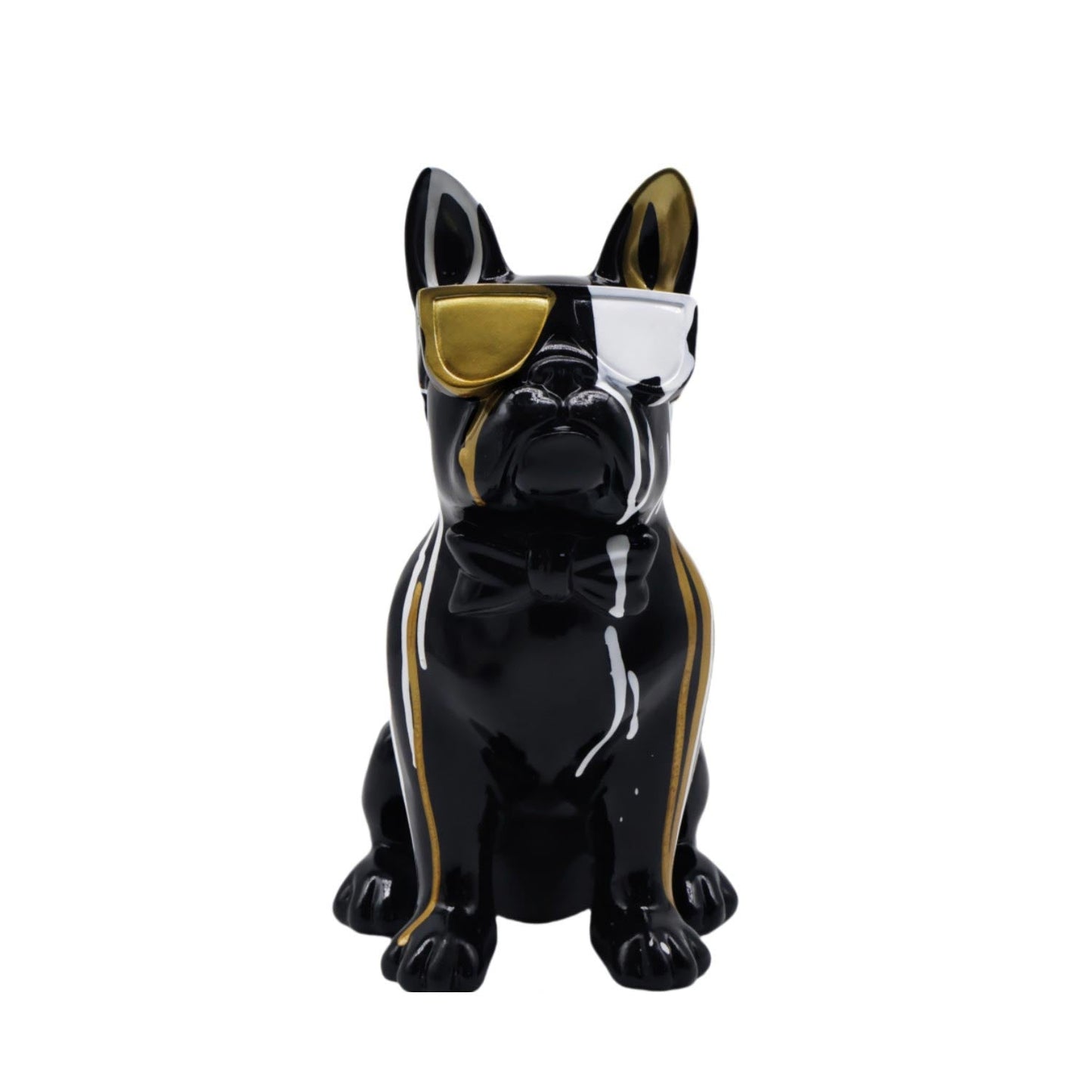 Bulldog Statue with Glasses, Black, White, Gold, 25 cm