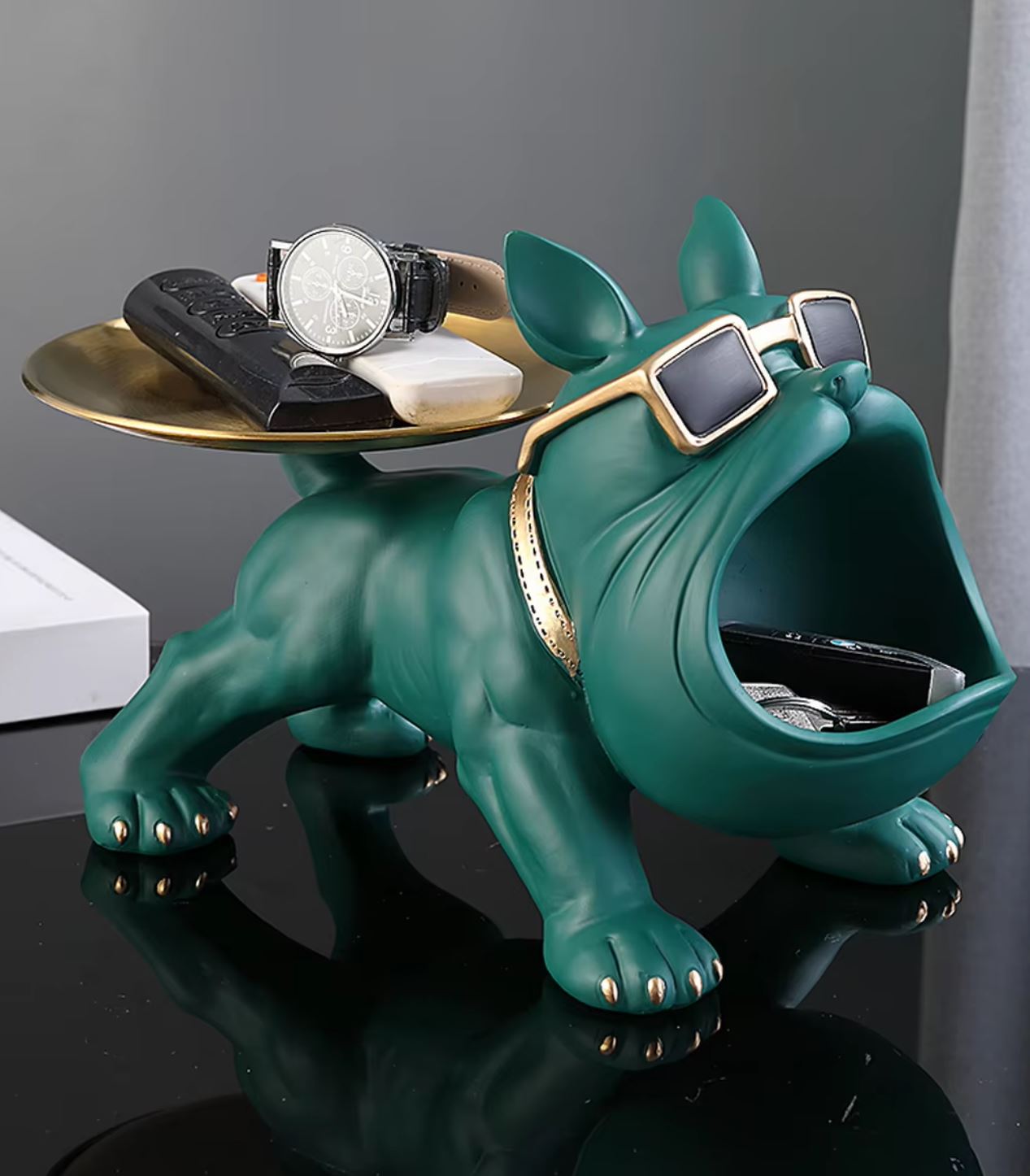 Green Bulldog Statue with Tray 20 cm