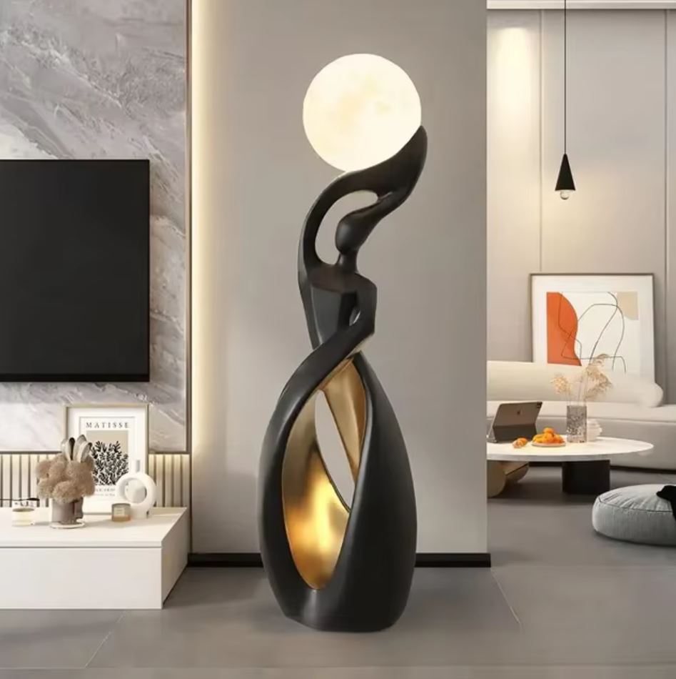 Nordic Design Statue, Black / Gold, with Light-Up Sphere, 82 cm