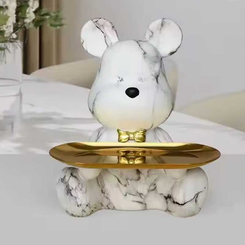 Bear Design Statue, Marble Effect, with Gold Tray – Decor Object 23 cm