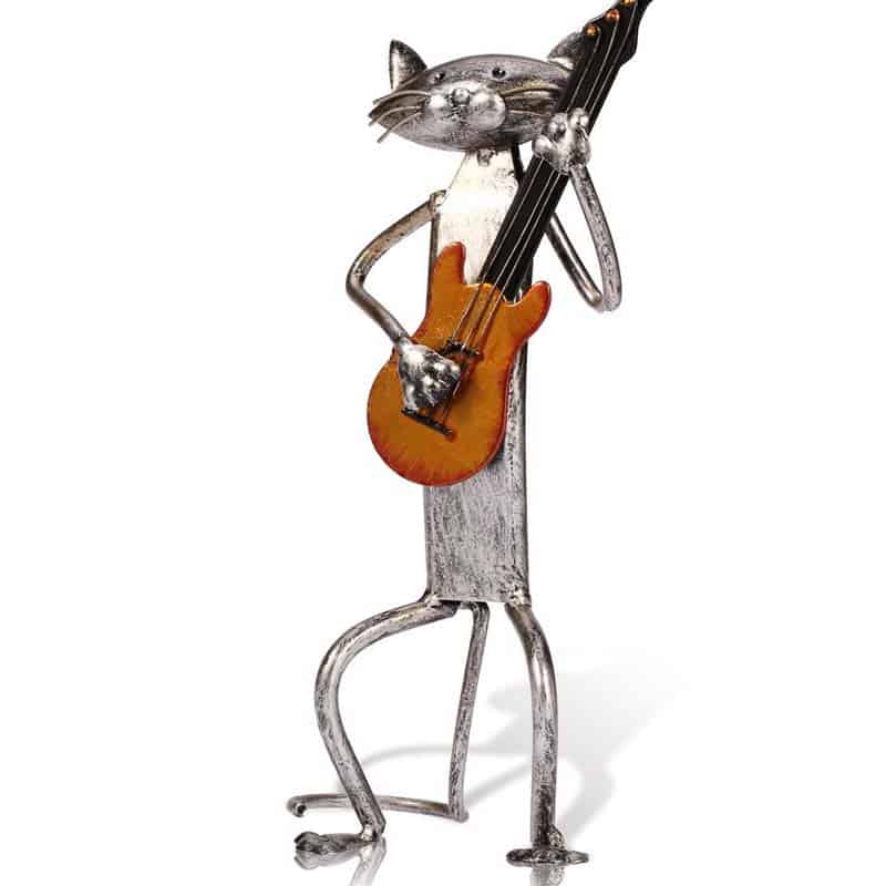 Cat Musician Statue in Metal, Guitar, 30 cm