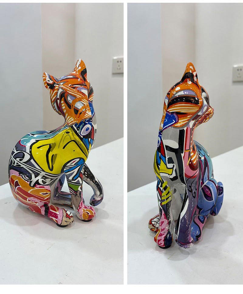 Sitting Cat Statue, Resin, Graffiti, 16 cm