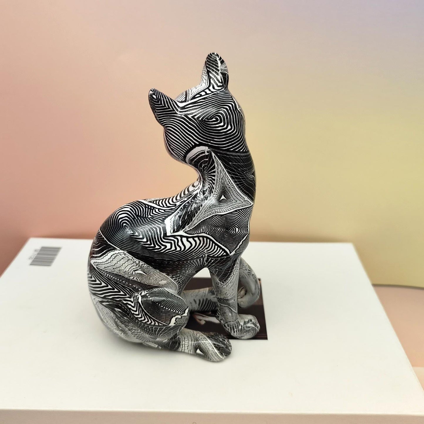 Sitting Cat Statue, Resin, Psychedelic, 17 cm