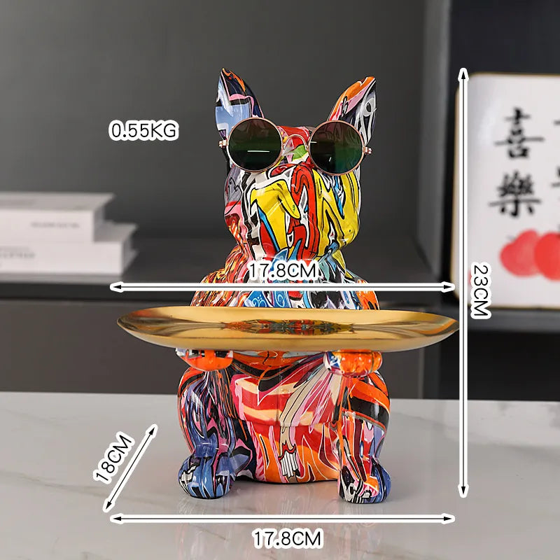 French Bulldog Graffiti Painted Sculpture Table Tray With Piggy Bank