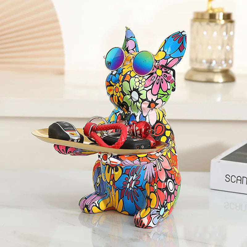 French Bulldog Graffiti Painted Sculpture Table Tray With Piggy Bank