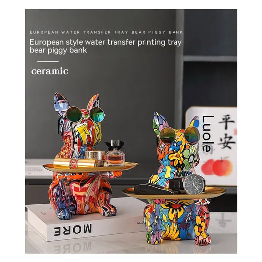 French Bulldog Graffiti Painted Sculpture Table Tray With Piggy Bank