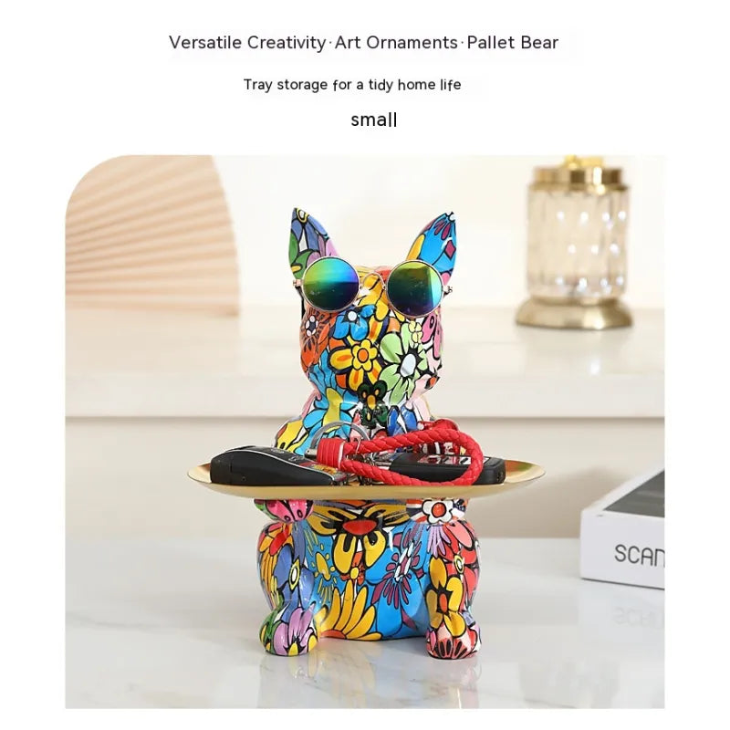 French Bulldog Graffiti Painted Sculpture Table Tray With Piggy Bank