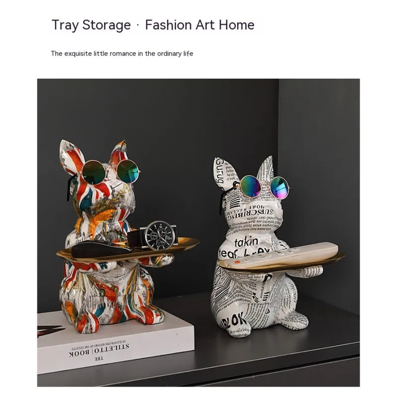 French Bulldog Graffiti Painted Sculpture Table Tray With Piggy Bank