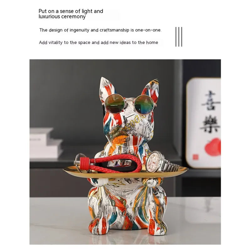 French Bulldog Graffiti Painted Sculpture Table Tray With Piggy Bank