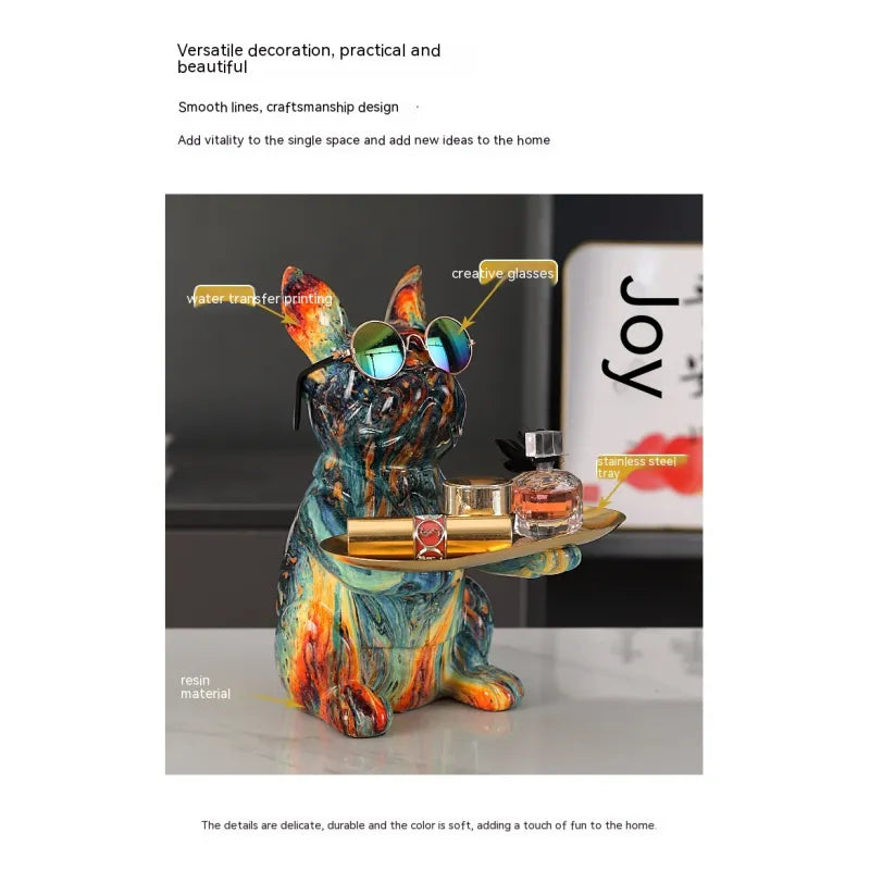 French Bulldog Graffiti Painted Sculpture Table Tray With Piggy Bank