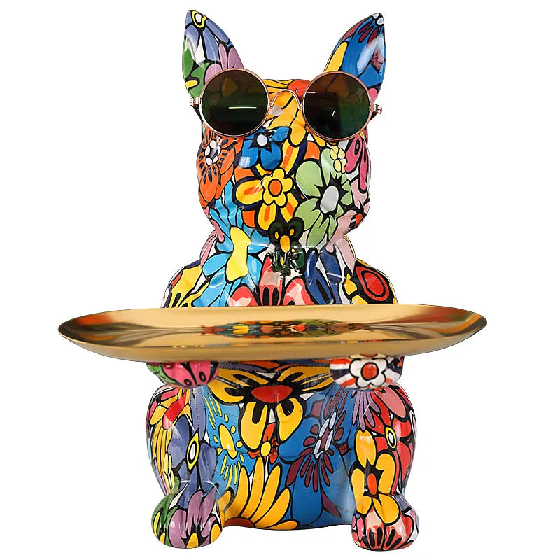 French Bulldog Graffiti Painted Sculpture Table Tray With Piggy Bank