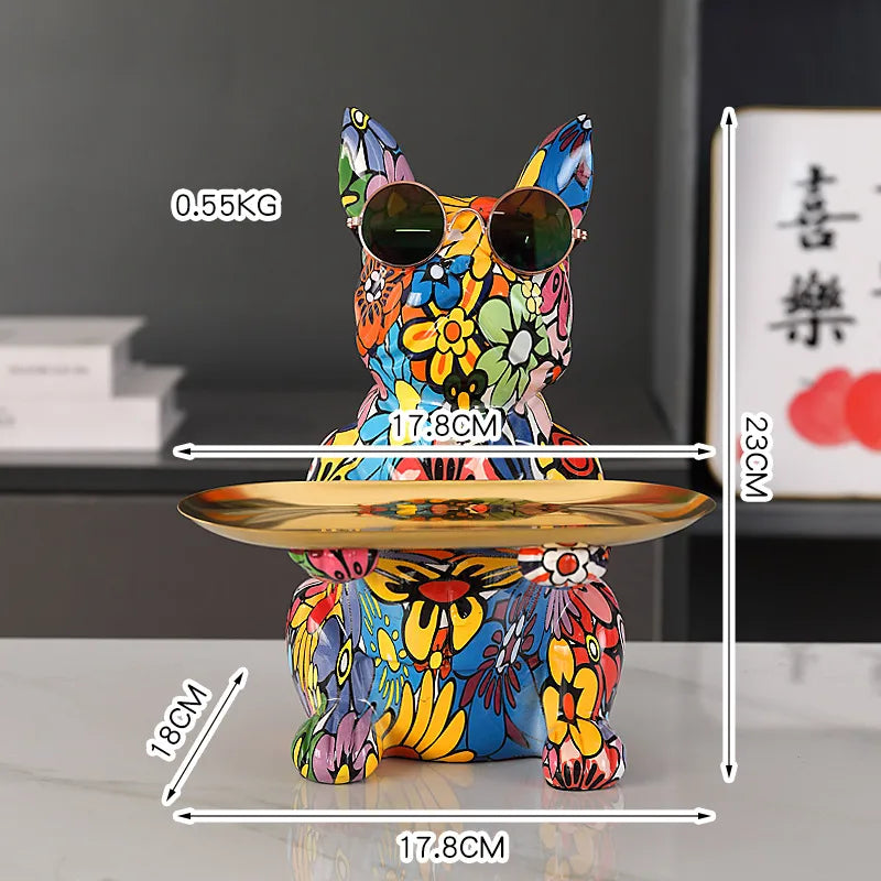 French Bulldog Graffiti Painted Sculpture Table Tray With Piggy Bank