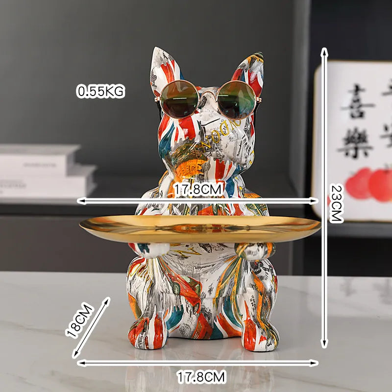 French Bulldog Graffiti Painted Sculpture Table Tray With Piggy Bank