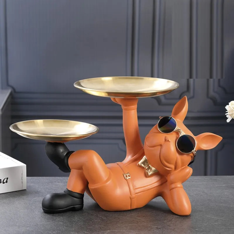 Lazy Bulldog Sculpture With Double Tray