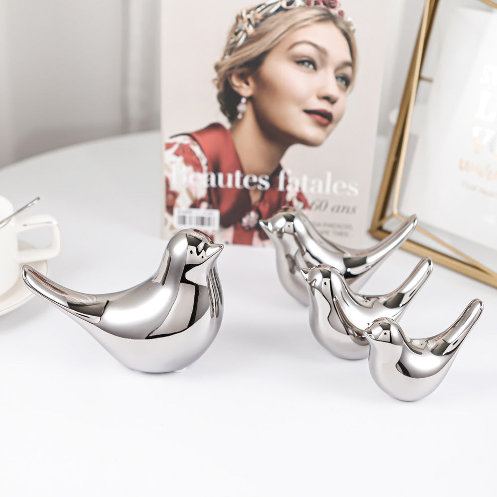 Silver Ceramic Bird Figurines