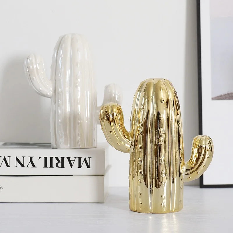 White & Gold Ceramic Cactus for Interior Decor 19 cm