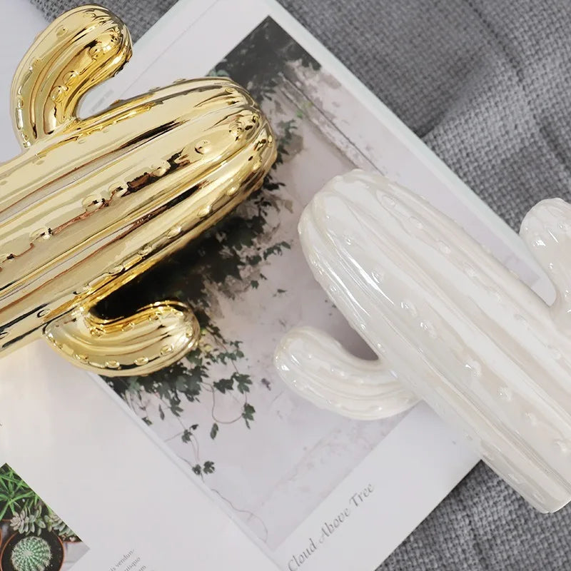 White & Gold Ceramic Cactus for Interior Decor 19 cm