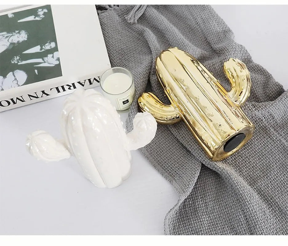White & Gold Ceramic Cactus for Interior Decor 19 cm