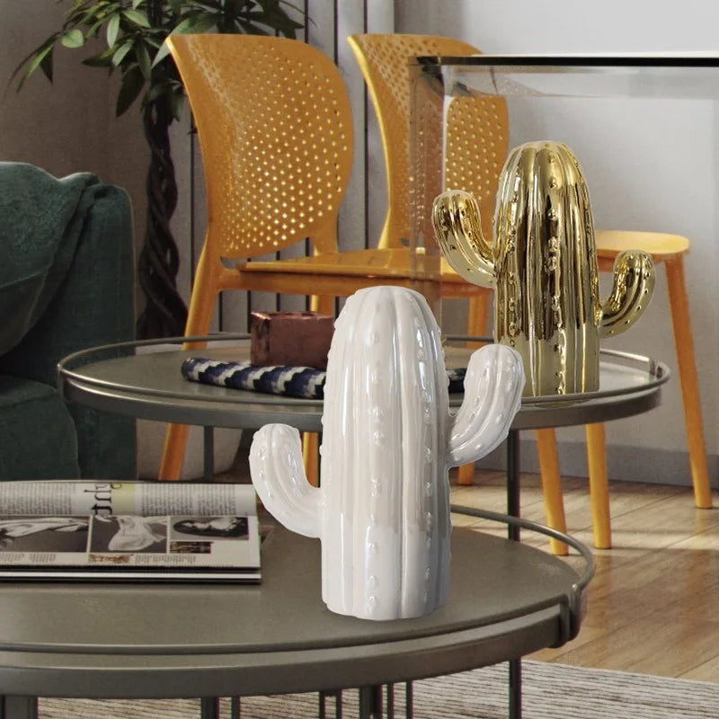 White & Gold Ceramic Cactus for Interior Decor 19 cm