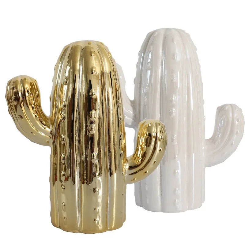 White & Gold Ceramic Cactus for Interior Decor 19 cm