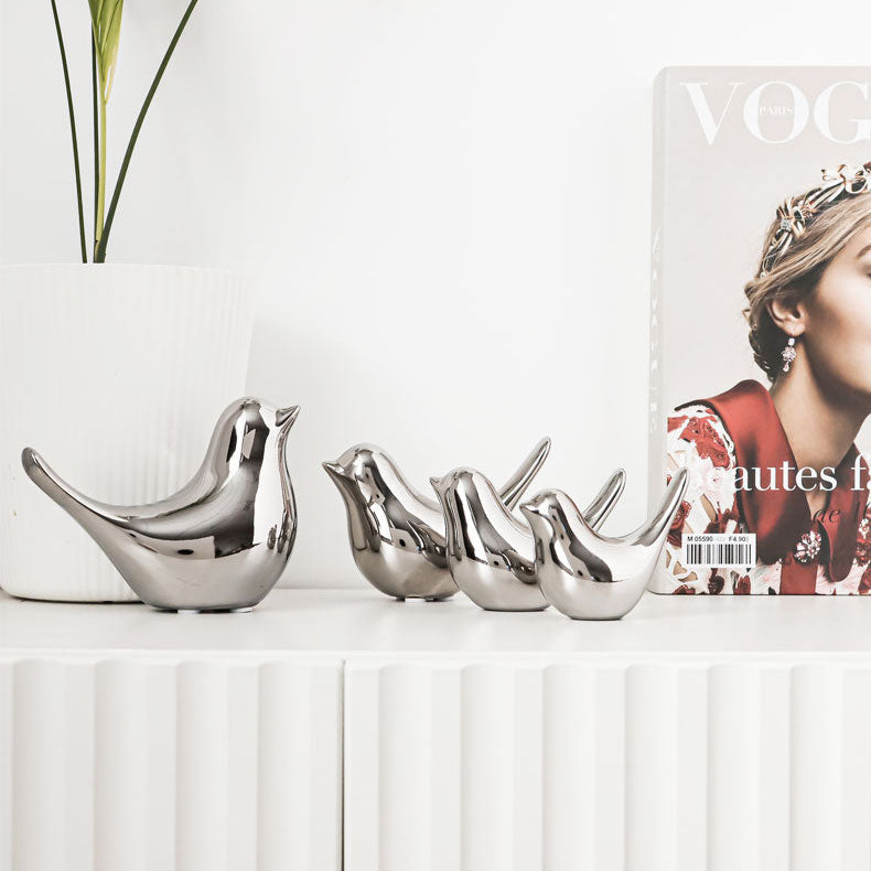 Silver Ceramic Bird Figurines