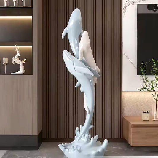 White & Blue Whale Design Statue – Contemporary Sculpture in Resin 80 cm