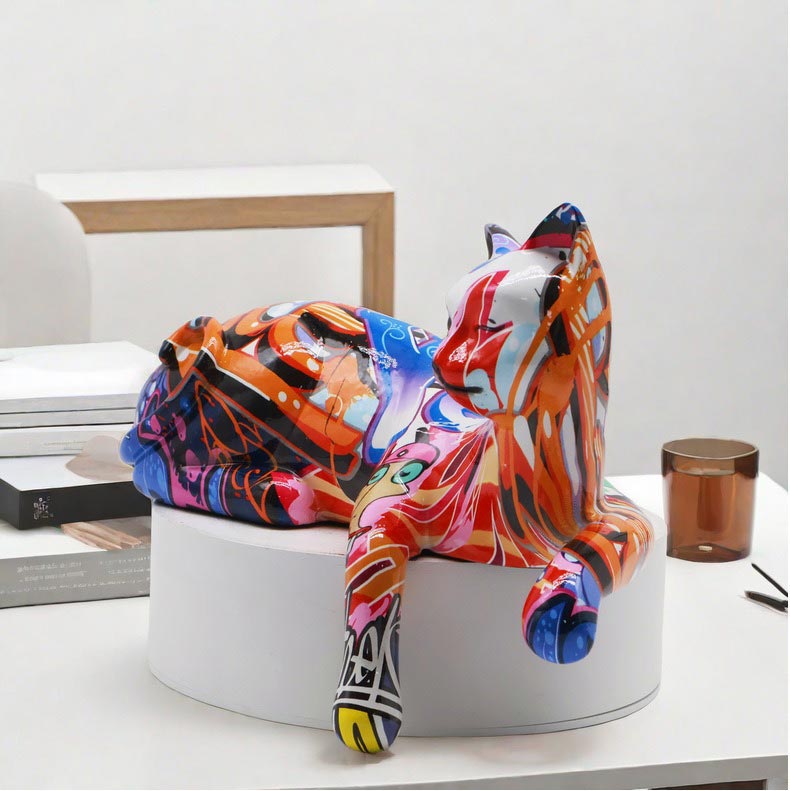 Lying Cat Statue, Resin, Graffiti, 15 cm