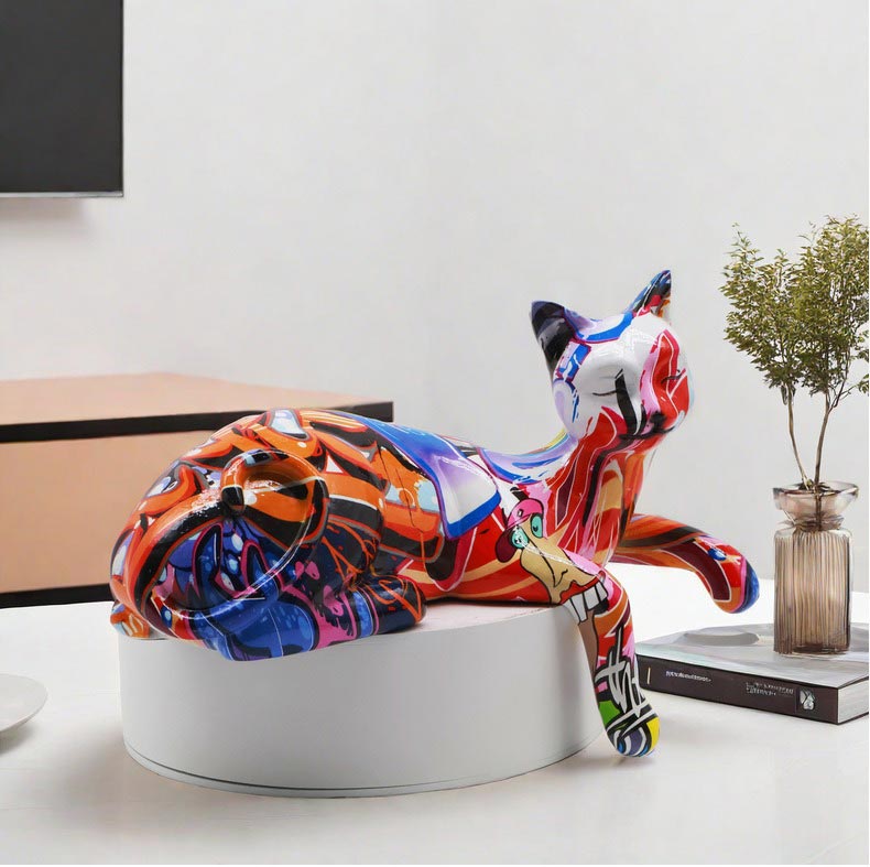 Lying Cat Statue, Resin, Graffiti, 15 cm