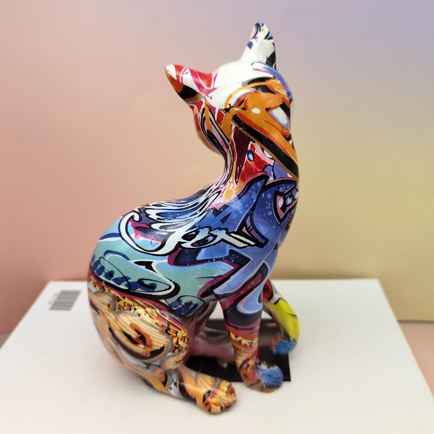 Sitting Cat Statue, Resin, Graffiti, 20 cm