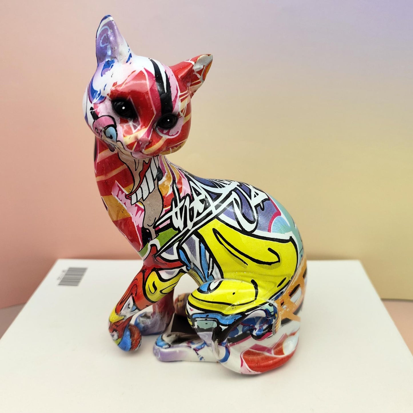Sitting Cat Statue, Resin, Graffiti, 20 cm