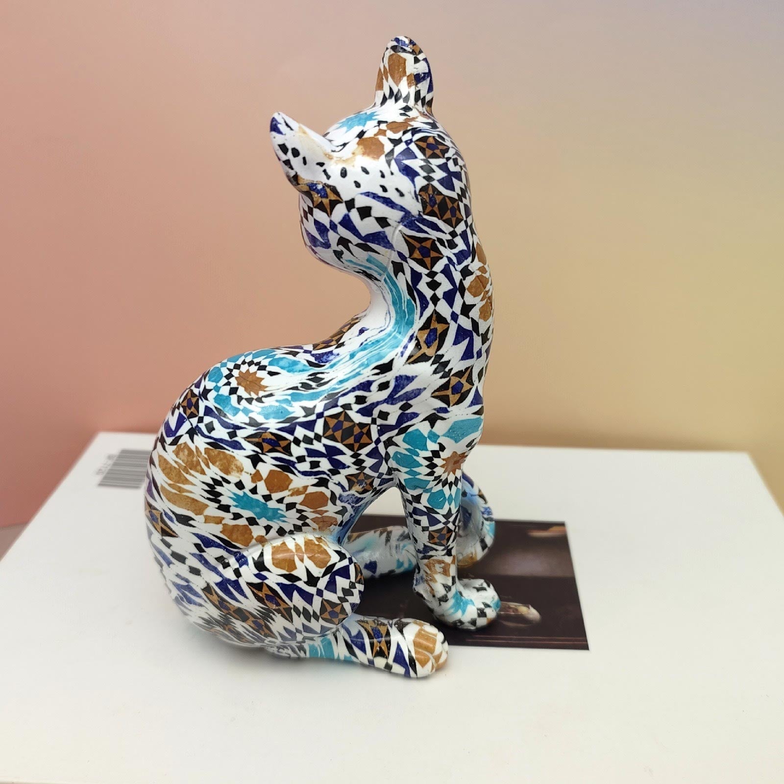Sitting Cat Statue, Resin, Mosaic, 17 cm