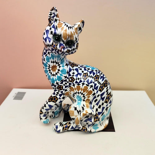 Sitting Cat Statue, Resin, Mosaic, 17 cm