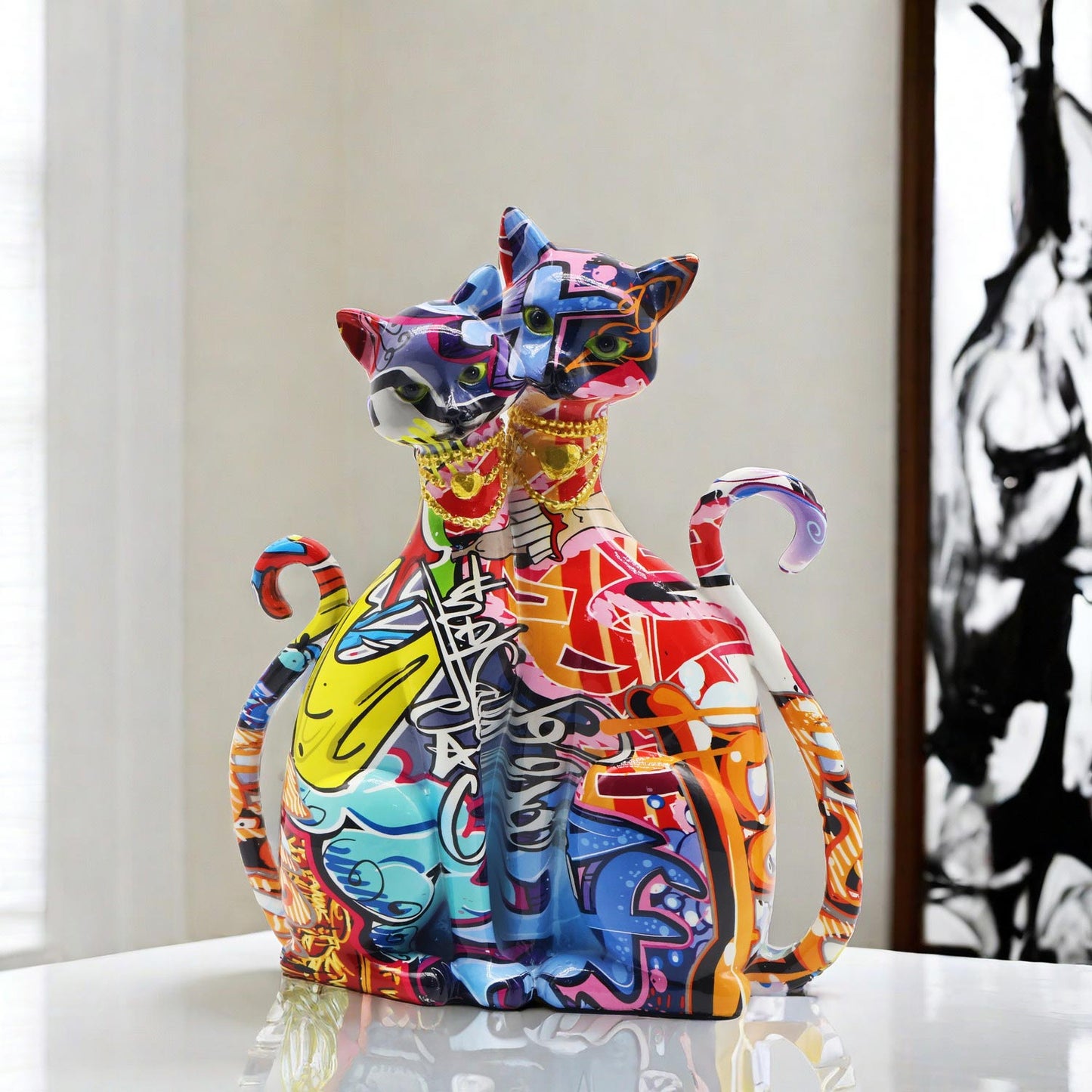 2 Siamese Cats Statue, Graffiti, Resin, 25 cm