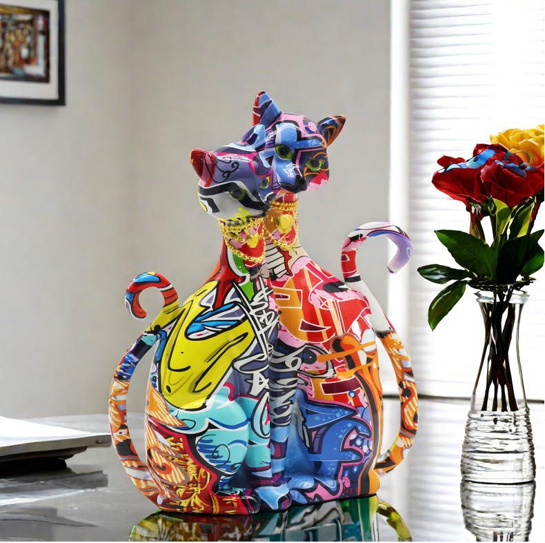 2 Siamese Cats Statue, Graffiti, Resin, 25 cm