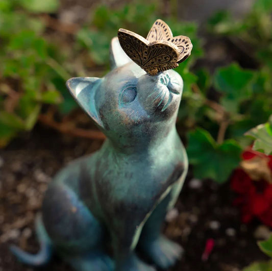 Cat with Butterfly Statue for Outdoors 20 cm