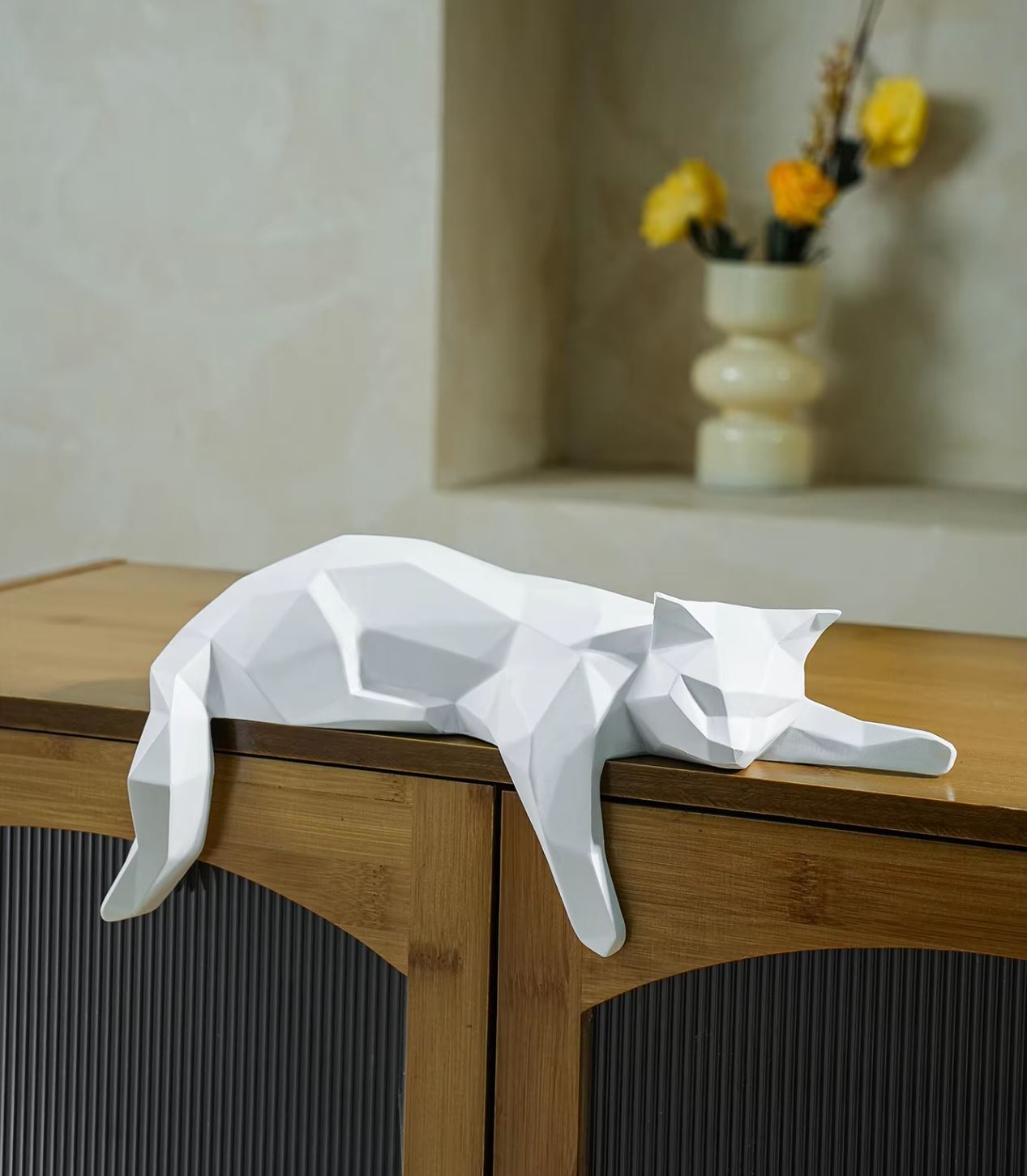 White Origami Lying Cat Statue 15 cm