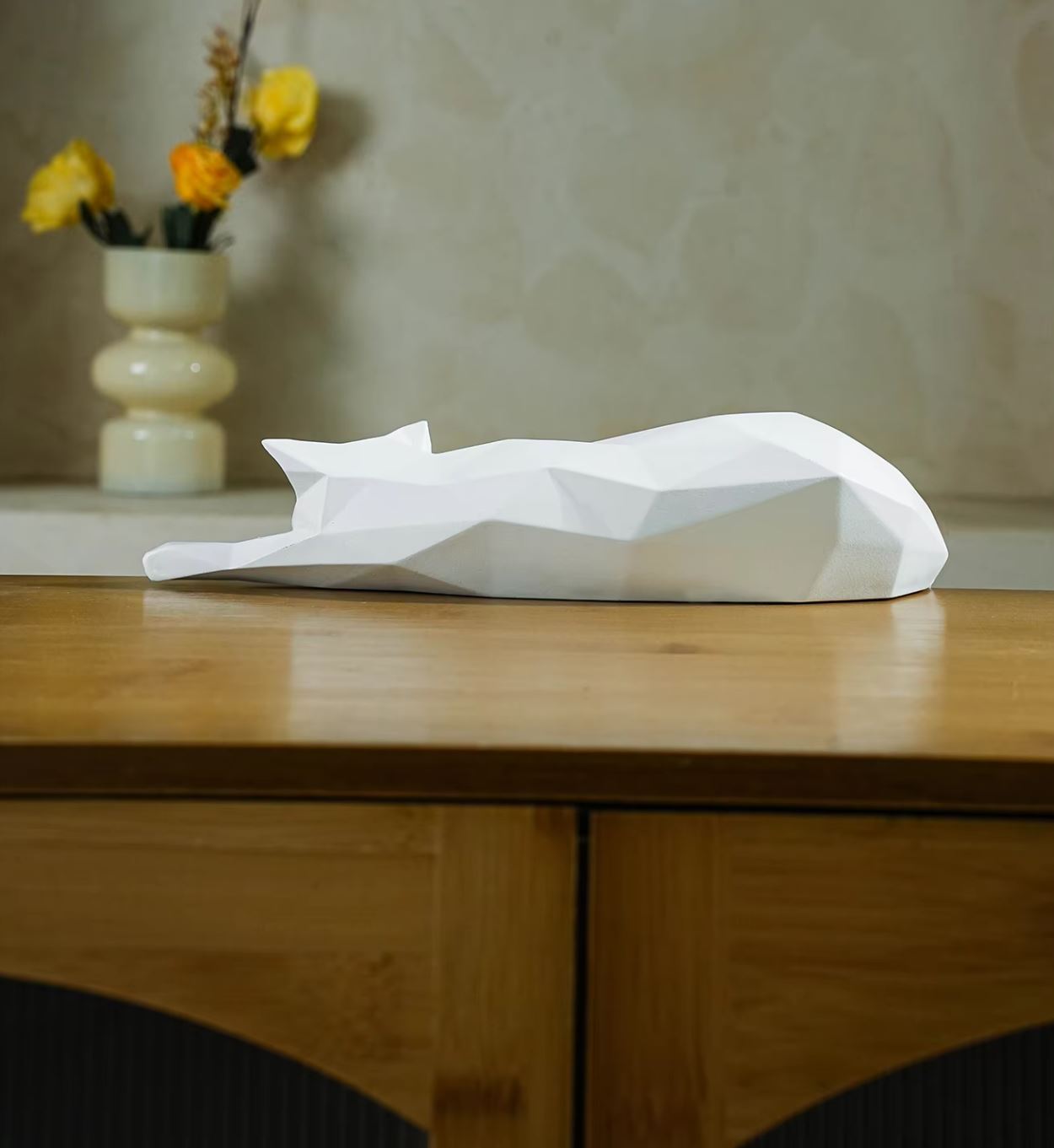 White Origami Lying Cat Statue 15 cm
