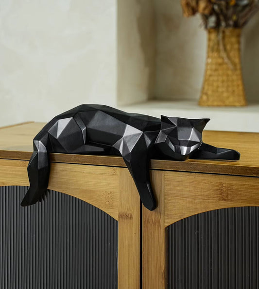 Black Origami Lying Cat Statue 15 cm