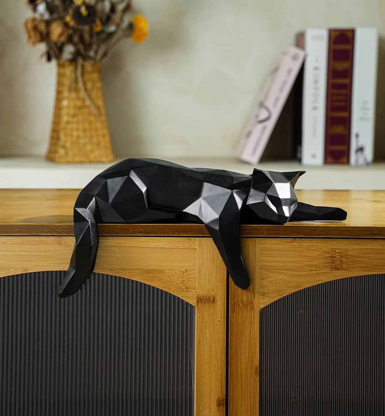 Black Origami Lying Cat Statue 15 cm
