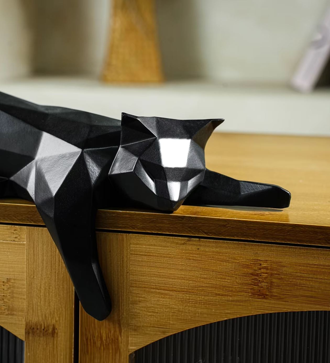 Black Origami Lying Cat Statue 15 cm