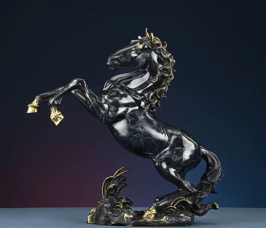 Rearing Horse Sculpture in Brass, Black Marble Effect, 27 cm