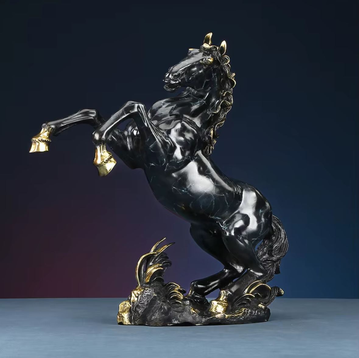 Rearing Horse Sculpture in Brass, Black Marble Effect, 27 cm