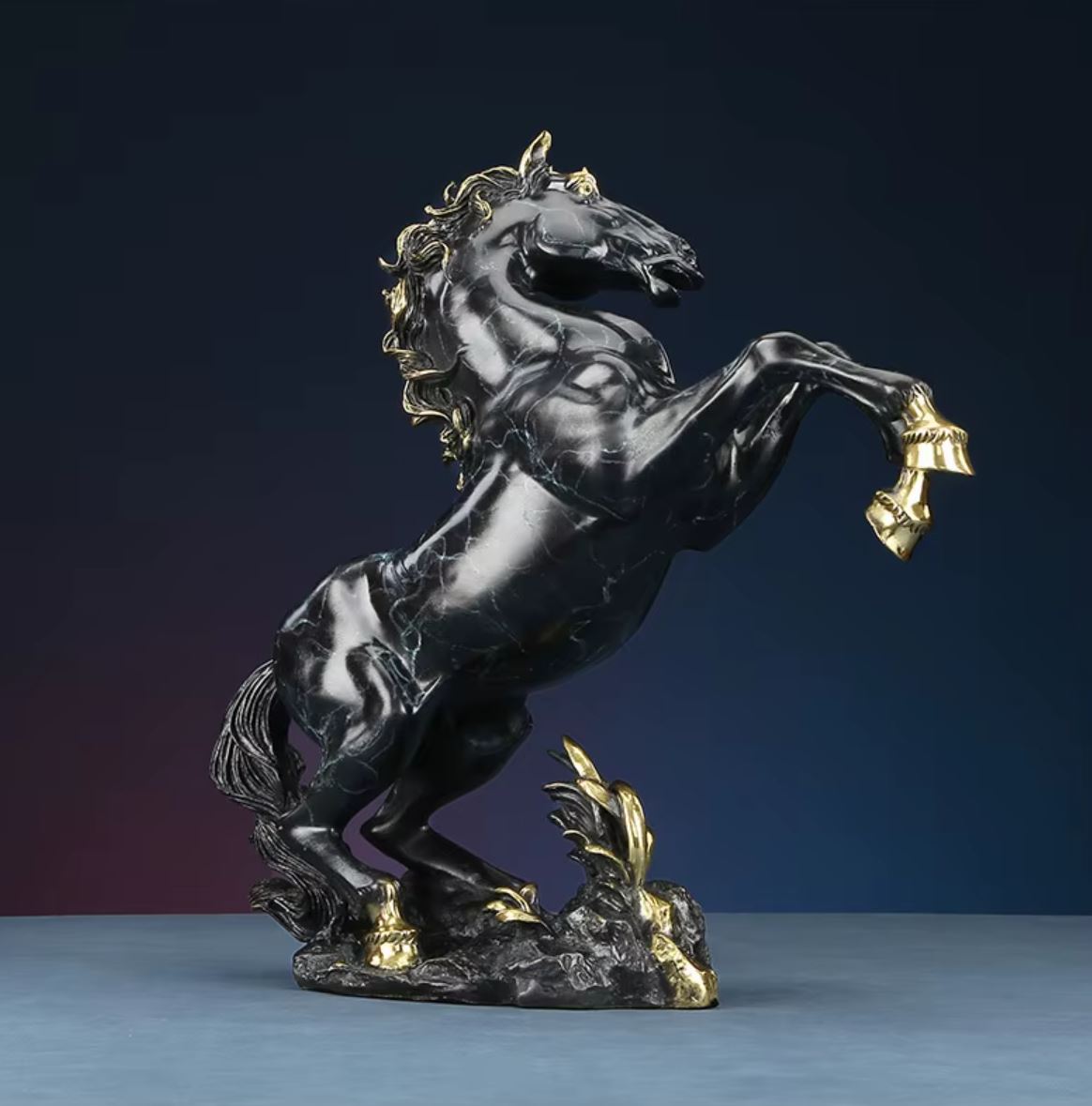 Rearing Horse Sculpture in Brass, Black Marble Effect, 27 cm