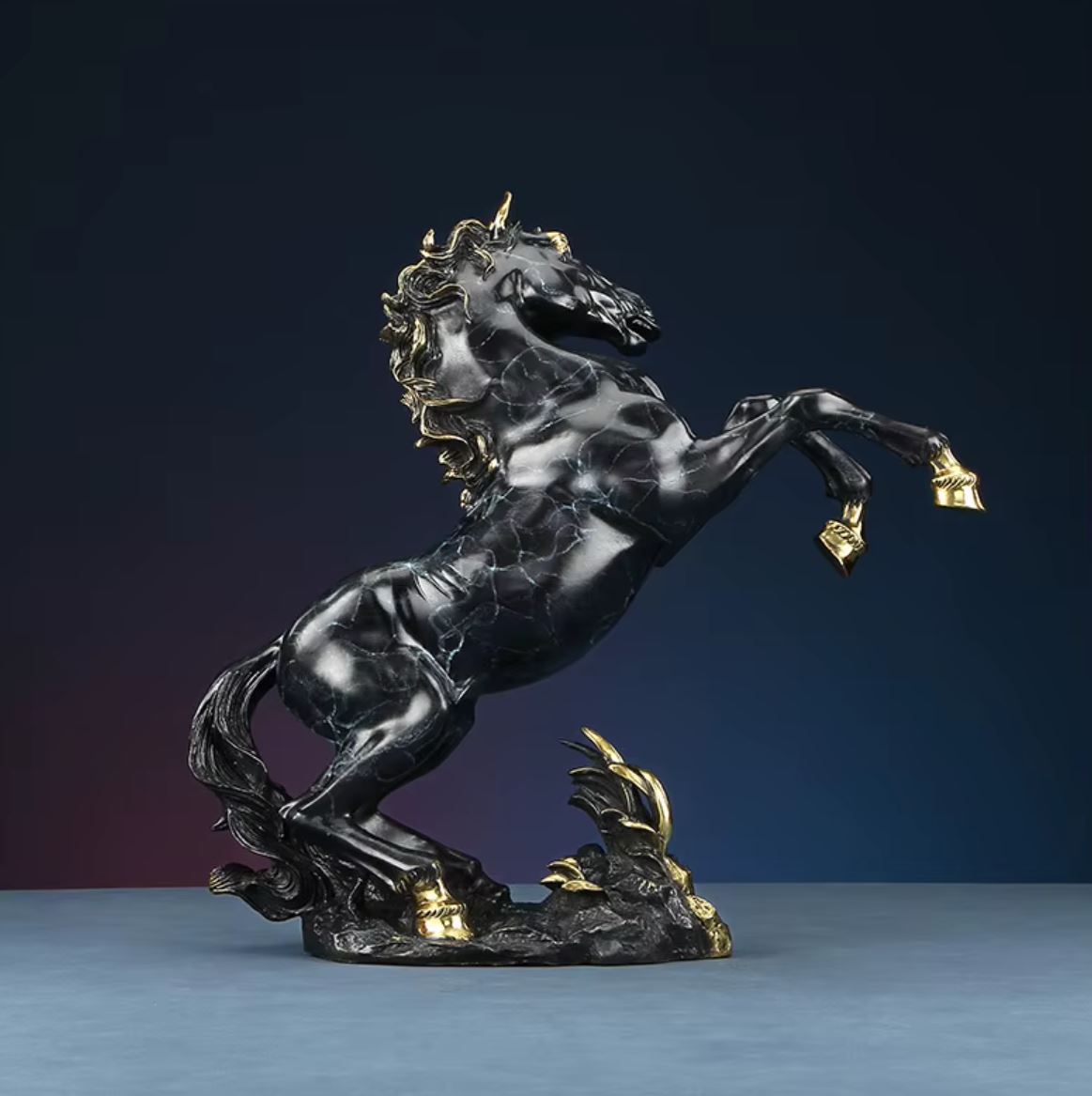 Rearing Horse Sculpture in Brass, Black Marble Effect, 27 cm