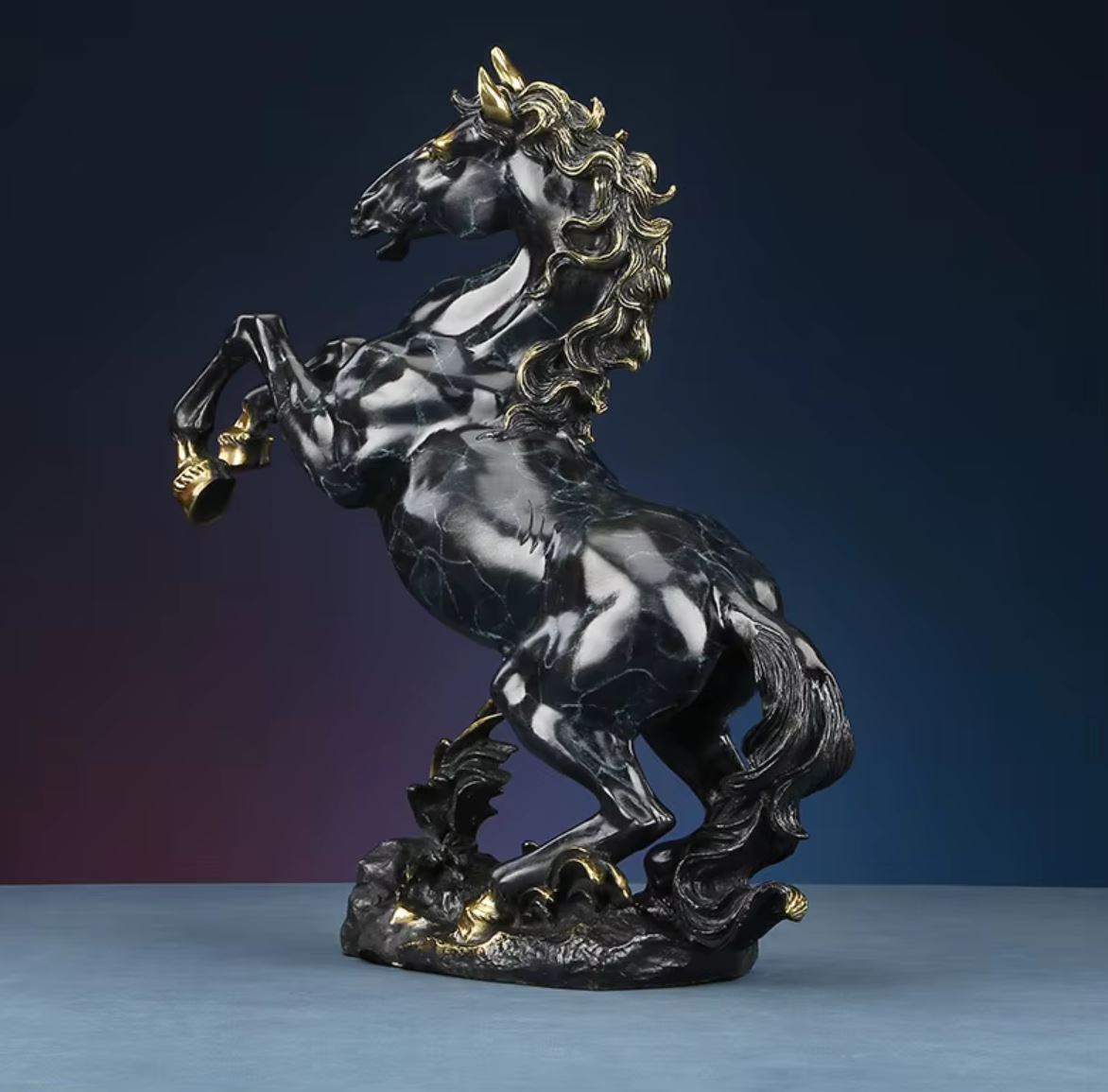 Rearing Horse Sculpture in Brass, Black Marble Effect, 27 cm