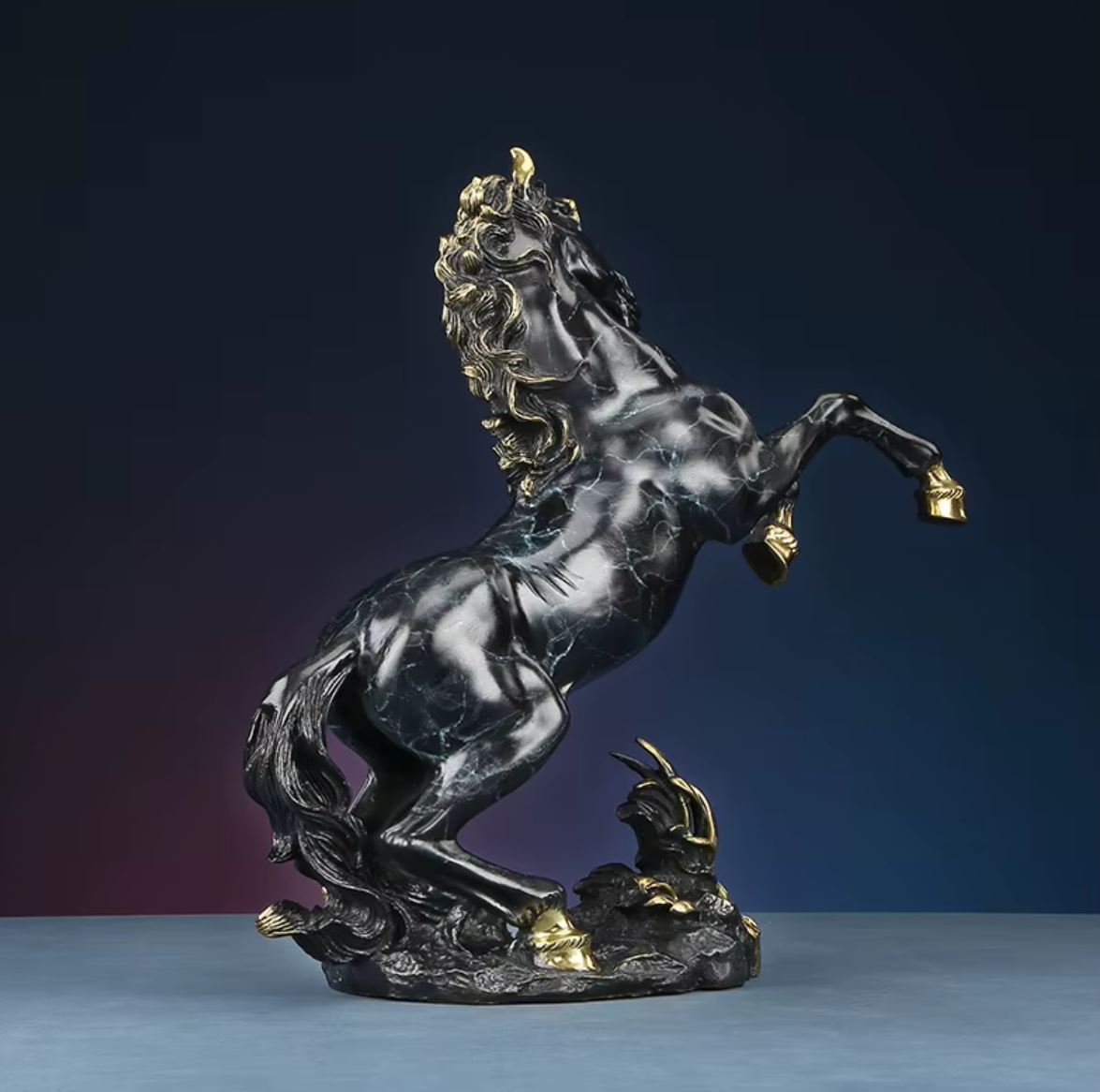 Rearing Horse Sculpture in Brass, Black Marble Effect, 27 cm