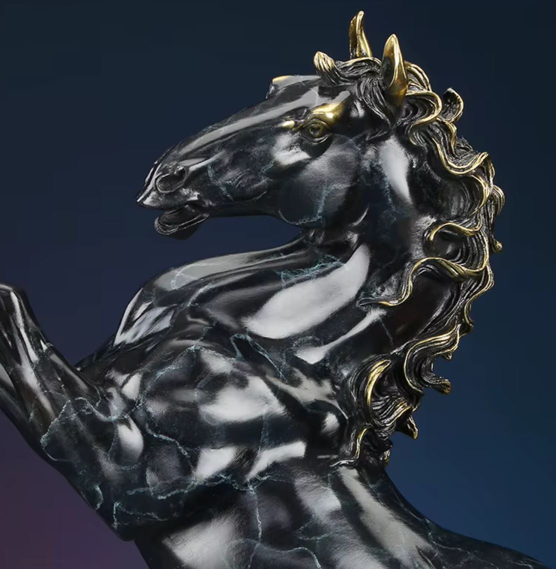 Rearing Horse Sculpture in Brass, Black Marble Effect, 27 cm