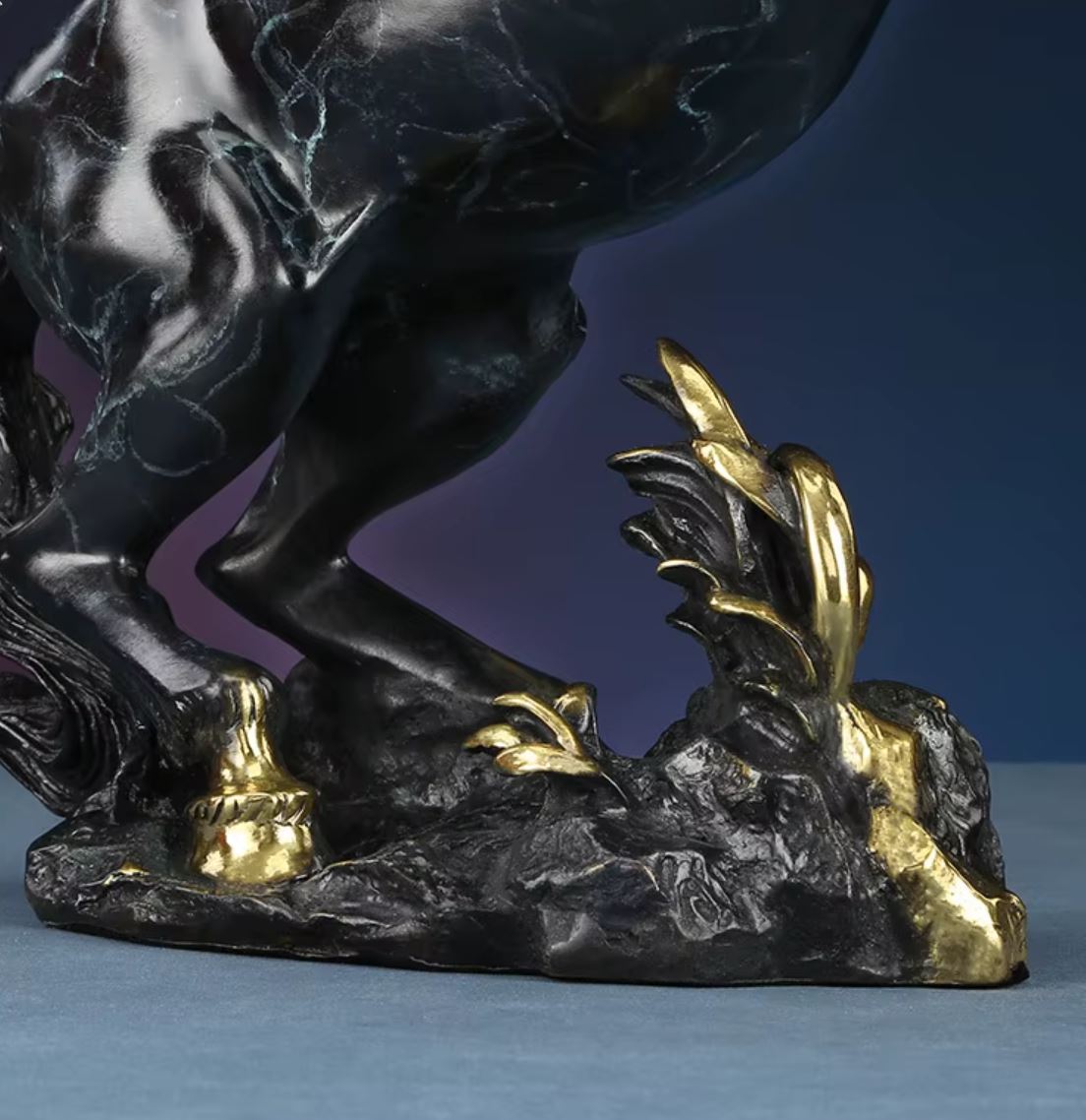 Rearing Horse Sculpture in Brass, Black Marble Effect, 27 cm