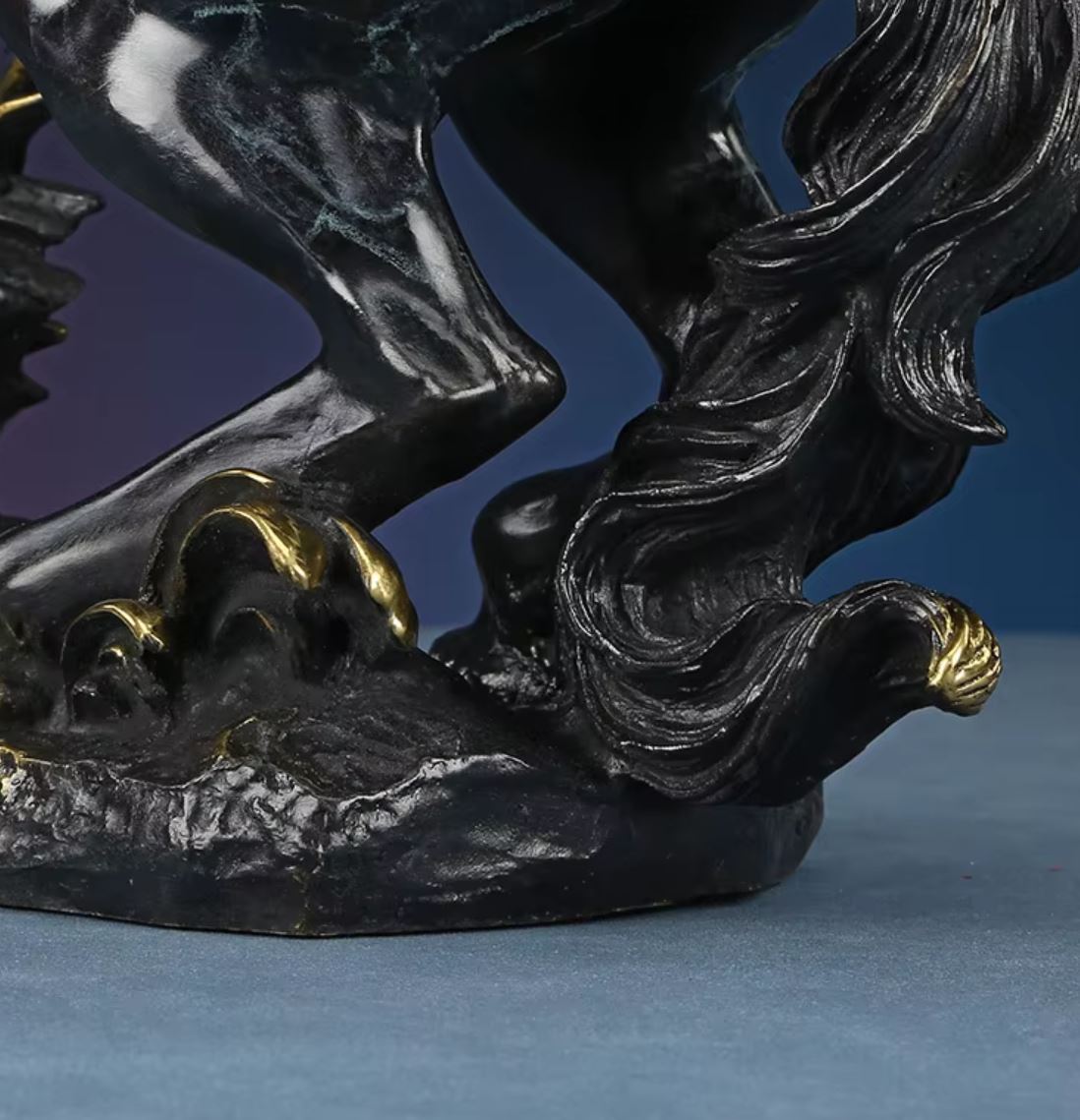 Rearing Horse Sculpture in Brass, Black Marble Effect, 27 cm