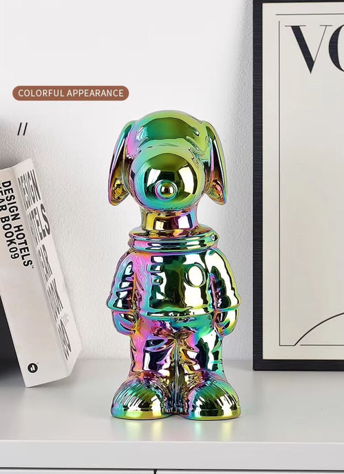 Cosmonaut Dog Statue, Anodized Multicolor, 28 cm